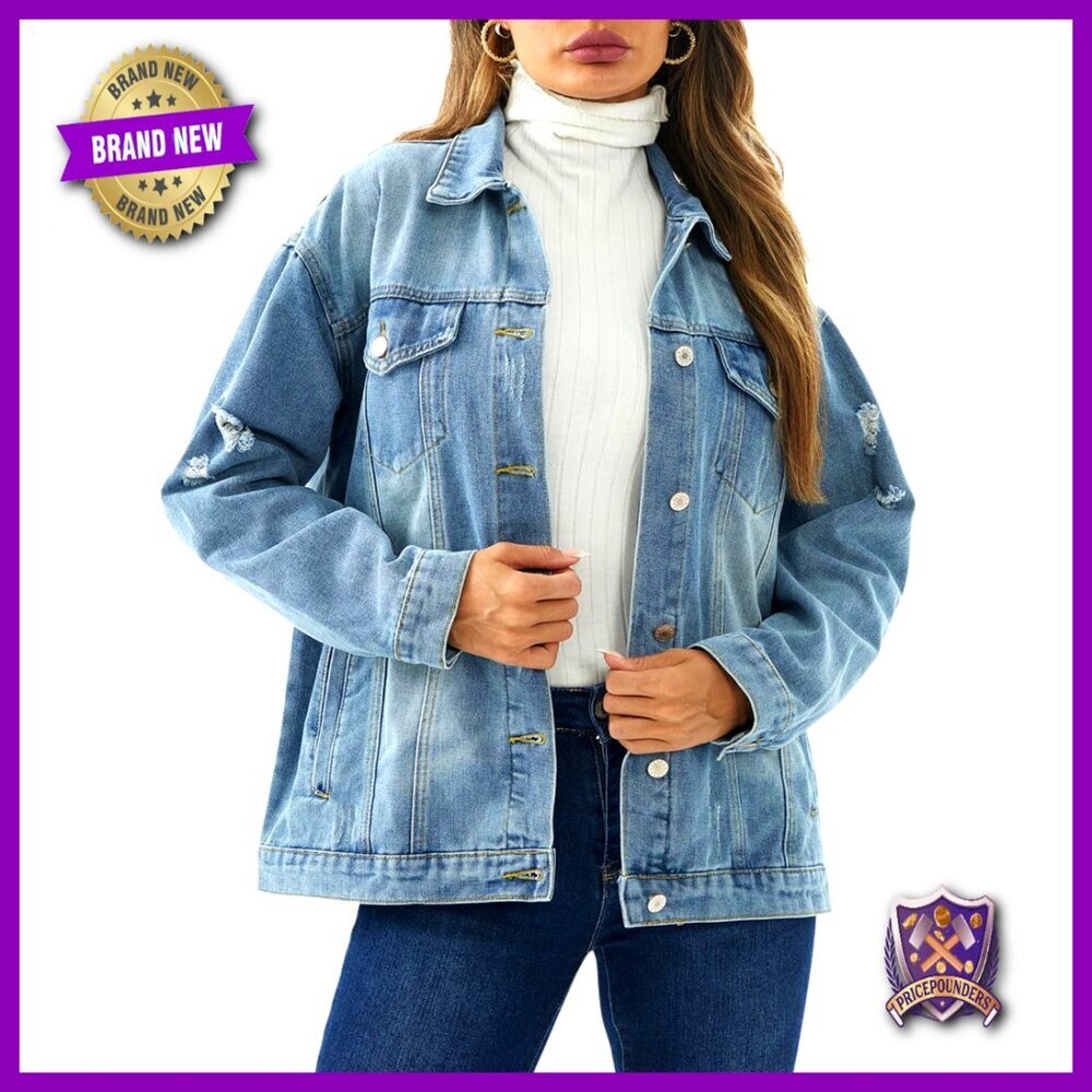 Distressed Denim Jacket Oversized Long Sleeve Button Up Y2K Chic